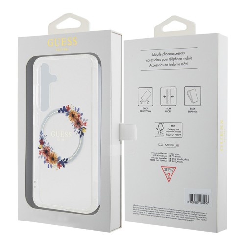 Guess для Galaxy S24 чехол PC/TPU Flowers Wreath Hard Transparent (MagSafe)