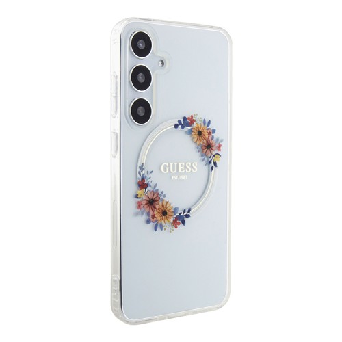 Guess для Galaxy S24 чехол PC/TPU Flowers Wreath Hard Transparent (MagSafe)