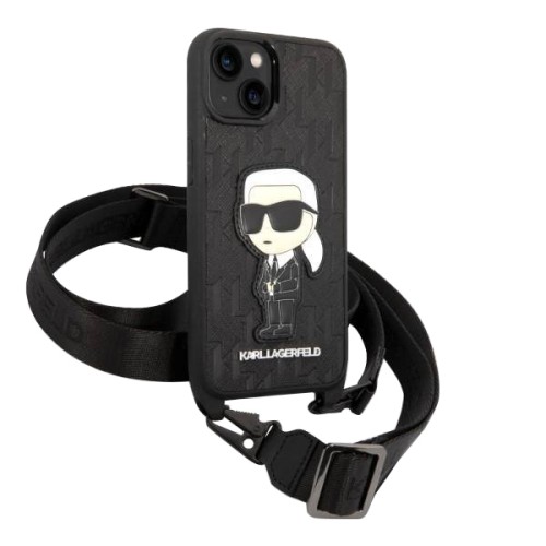 Lagerfeld для iPhone 15 чехол Crossbody PU Saffiano Monogram NFT Karl Ikonik +Strap Hard Blk