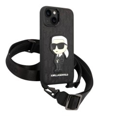 Lagerfeld для iPhone 15 чехол Crossbody PU Saffiano Monogram NFT Karl Ikonik +Strap Hard Blk