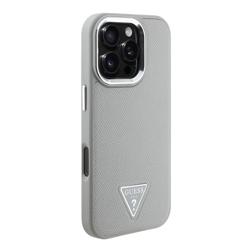 Guess для iPhone 16 Pro чехол PU Grained leather Triangle metal logo Hard Beige (MagSafe)