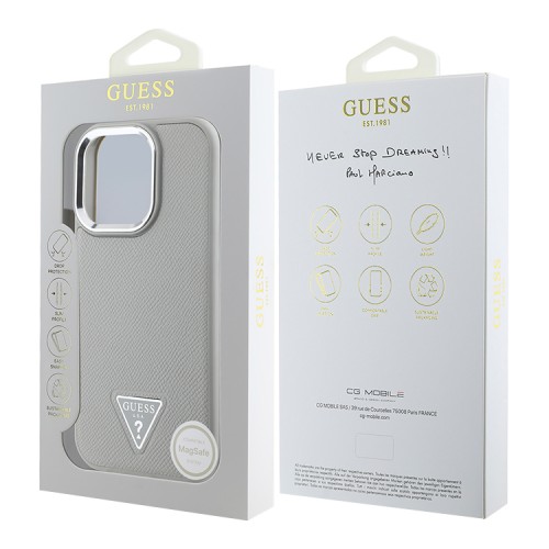 Guess для iPhone 16 Pro чехол PU Grained leather Triangle metal logo Hard Beige (MagSafe)