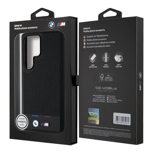 BMW для Galaxy S25 Ultra чехол M-Collection PU Perforated Tricolor Metal logo Hard Black (MagSafe)