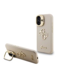 Guess для iPhone 16 чехол PU Grained leather 4G Big metal logo and Camera Stand Hard Beige