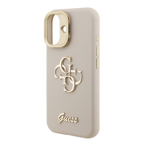 Guess для iPhone 16 чехол PU Grained leather 4G Big metal logo and Camera Stand Hard Beige