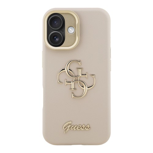 Guess для iPhone 16 чехол PU Grained leather 4G Big metal logo and Camera Stand Hard Beige
