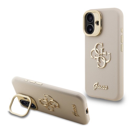 Guess для iPhone 16 чехол PU Grained leather 4G Big metal logo and Camera Stand Hard Beige