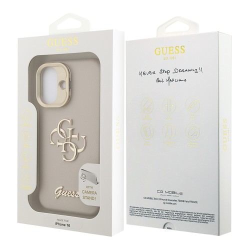 Guess для iPhone 16 чехол PU Grained leather 4G Big metal logo and Camera Stand Hard Beige