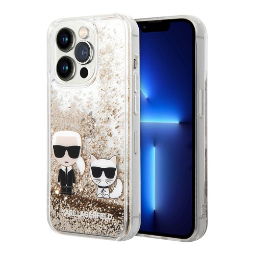 Чехол Lagerfeld Liquid glitter Karl and Choupette Hard для iPhone 14 Pro, золотой