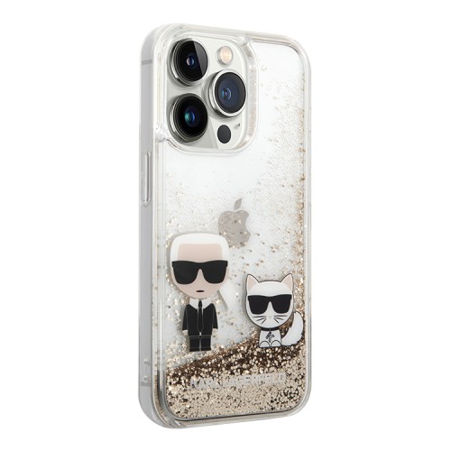 Чехол Lagerfeld Liquid glitter Karl and Choupette Hard для iPhone 14 Pro, золотой