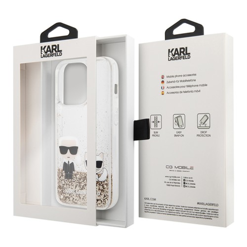 Чехол Lagerfeld Liquid glitter Karl and Choupette Hard для iPhone 14 Pro, золотой
