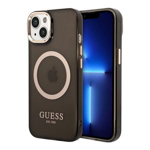 Чехол Guess Metal outline Hard Translucent для iPhone 14 Plus, черный/золотой (MagSafe)