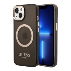 Чехол Guess Metal outline Hard Translucent для iPhone 14 Plus, черный/золотой (MagSafe)
