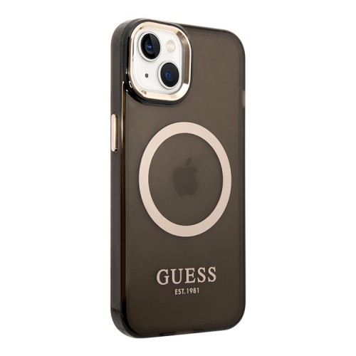 Чехол Guess Metal outline Hard Translucent для iPhone 14 Plus, черный/золотой (MagSafe)