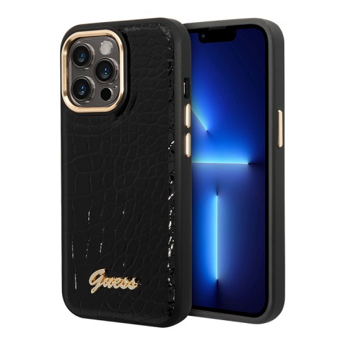 Чехол Guess PU Croco metal logo Hard для iPhone 14 Pro, черный
