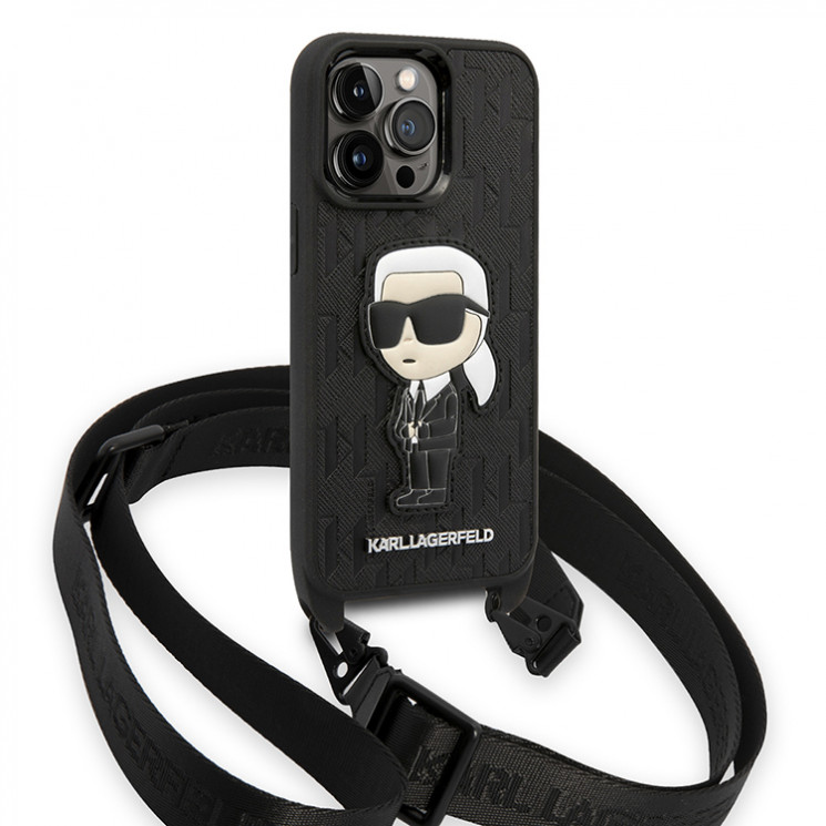 Чехол Lagerfeld Crossbody PU Monogram NFT Ikonik patch with Strap Hard для iPhone 14 Pro, черный
