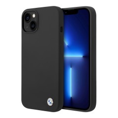 Чехол BMW Liquid Silicone Metal logo Hard для iPhone 14, черный (MagSafe)