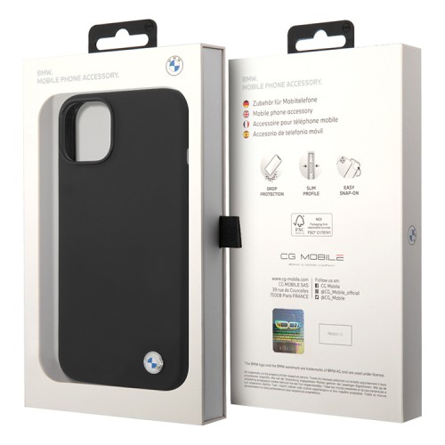 Чехол BMW Liquid Silicone Metal logo Hard для iPhone 14, черный (MagSafe)