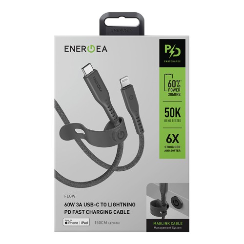 EnergEA Кабель FLOW USB-C to Lightning MFI C94 PD60W 3A Nanoweave Magnetic tie Black (1.5 метра)