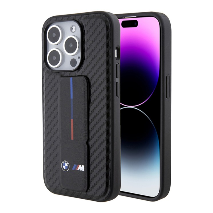 BMW для iPhone 15 Pro Max чехол GripStand M-Collection PU Carbon eff Tricolor Hard Black