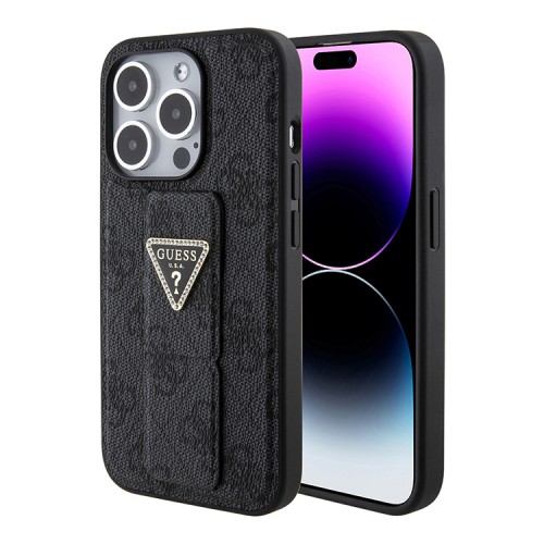 Guess для iPhone 15 Pro чехол GripStand PU 4G with Triangle Diamond metal logo Hard Black