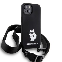 Karl Lagerfeld для iPhone 15 чехол Crossbody Liquid silicone NFT Choupette +Strap Hard Black