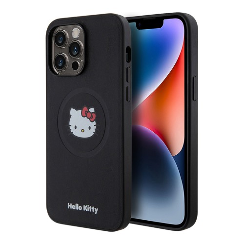 Hello Kitty для iPhone 15 Pro Max чехол PU Leather Kitty Head Hard Black (MagSafe)