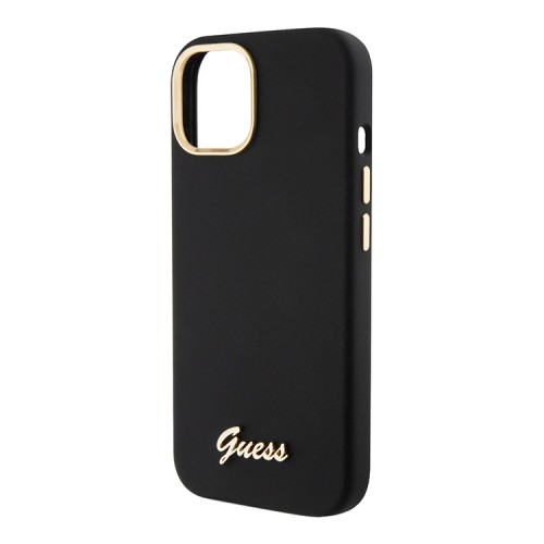 Guess для iPhone 15 Plus чехол Liquid silicone Gold metal logo & Camera frame Hard Black