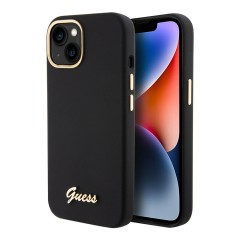 Guess для iPhone 15 Plus чехол Liquid silicone Gold metal logo &amp; Camera frame Hard Black