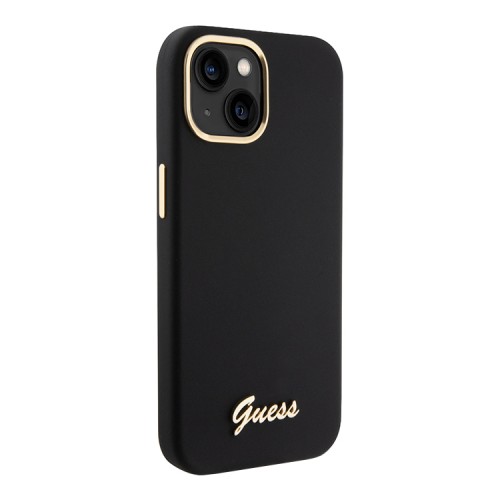 Guess для iPhone 15 Plus чехол Liquid silicone Gold metal logo & Camera frame Hard Black