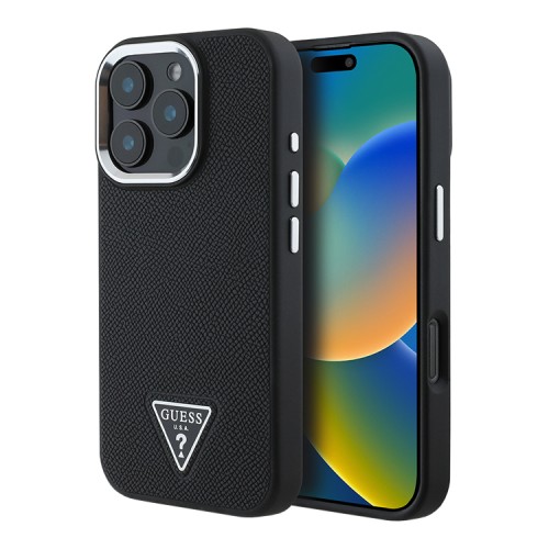 Guess для iPhone 16 Pro чехол PU Grained leather Triangle metal logo Hard Black (MagSafe)
