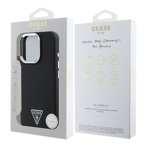Guess для iPhone 16 Pro чехол PU Grained leather Triangle metal logo Hard Black (MagSafe)