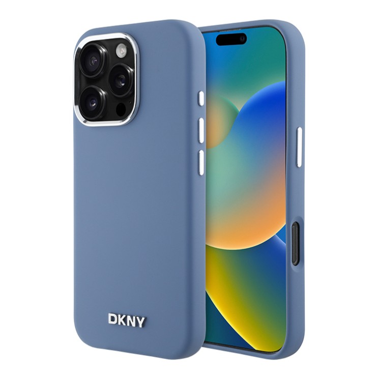 DKNY для iPhone 16 Pro Max чехол Liquid Silicone Metal logo and Camera frame Hard Blue (MagSafe)