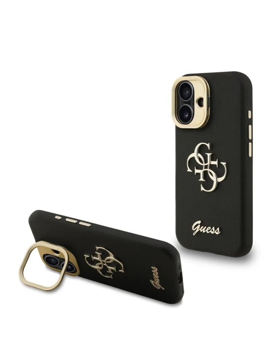 Guess для iPhone 16 чехол PU Grained leather 4G Big metal logo and Camera Stand Hard Black