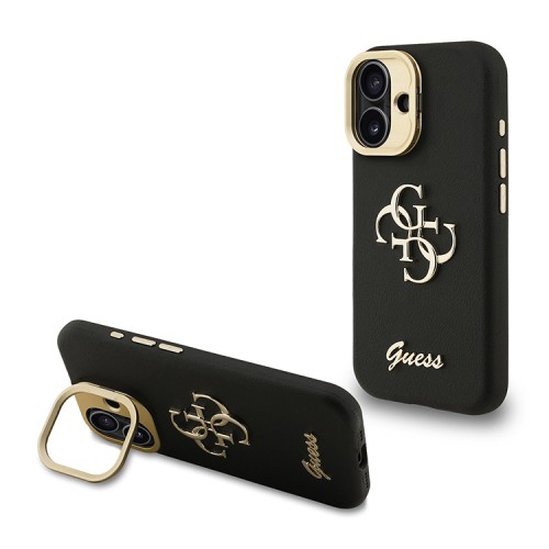 Guess для iPhone 16 чехол PU Grained leather 4G Big metal logo and Camera Stand Hard Black