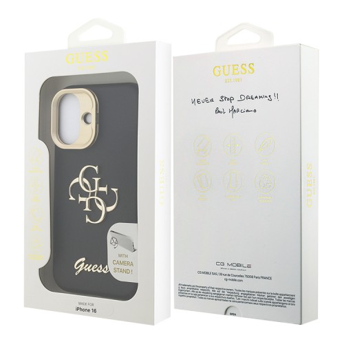 Guess для iPhone 16 чехол PU Grained leather 4G Big metal logo and Camera Stand Hard Black