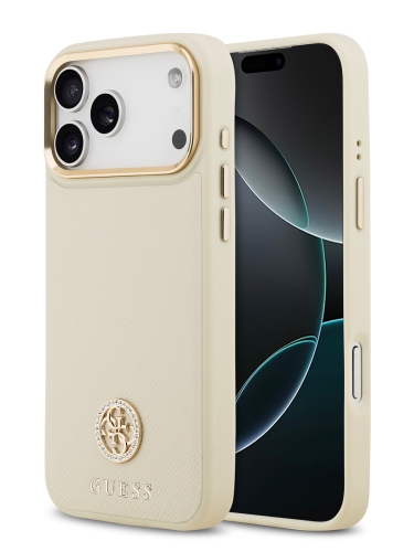 Guess для iPhone 17 Pro Max чехол PU Grained 4G Diamond metal logo Gold camera Hard Beige (MagSafe)