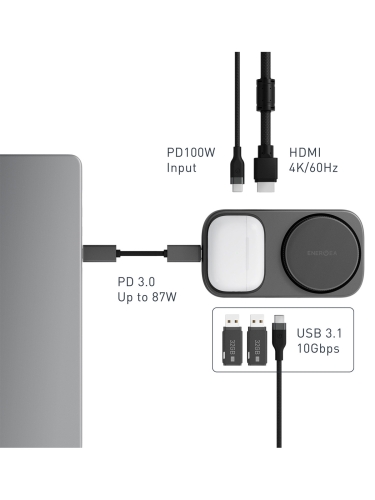 Energea распределитель HUB WiDock Plus 7in1 Qi2 Wireless USB-C 3.1 100W Gunmetal