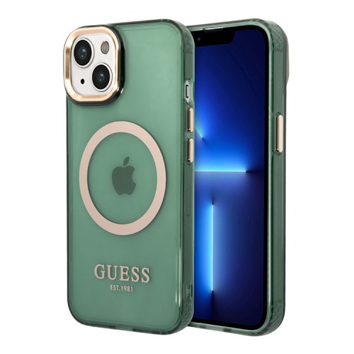 Чехол Guess Metal outline Hard Translucent для iPhone 14 Plus, зеленый/золотой (MagSafe)