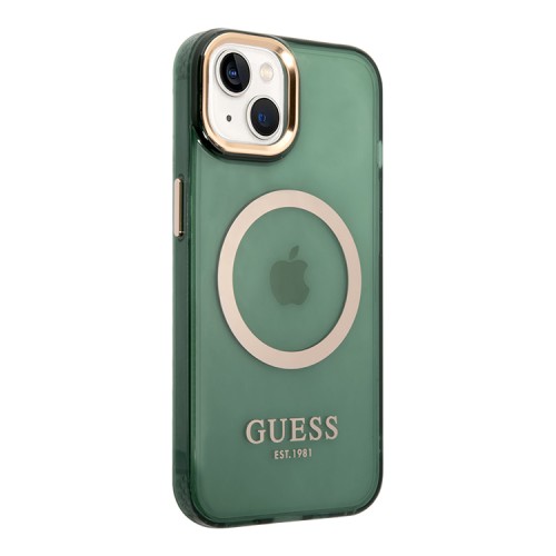 Чехол Guess Metal outline Hard Translucent для iPhone 14 Plus, зеленый/золотой (MagSafe)