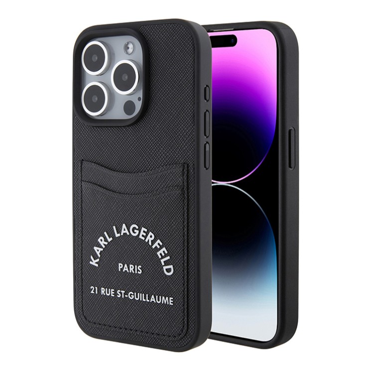 Karl Lagerfeld для iPhone 15 Pro Max чехол Cardslot PU Saffiano RSG 3D rubber logo Hard Black