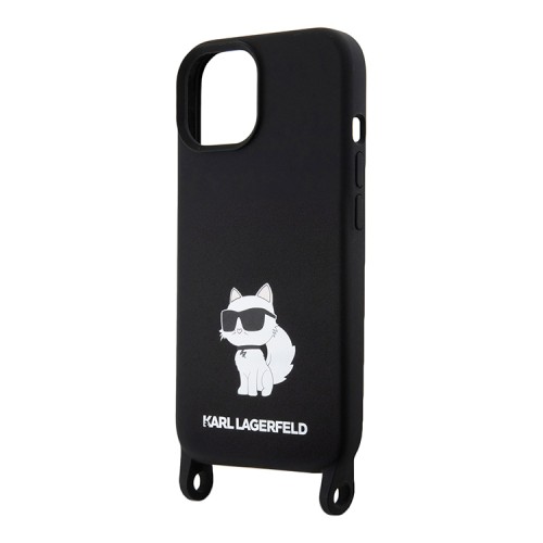 Karl Lagerfeld для iPhone 15 Plus чехол Crossbody Liquid silicone NFT Choupette +Strap Hard Black