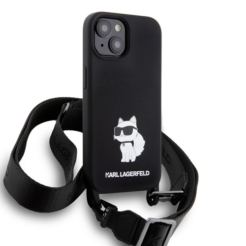 Karl Lagerfeld для iPhone 15 Plus чехол Crossbody Liquid silicone NFT Choupette +Strap Hard Black