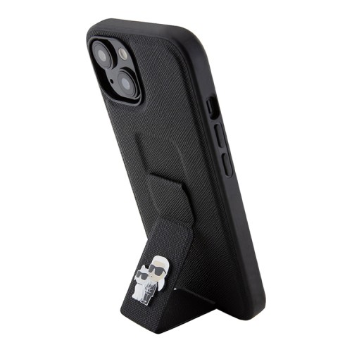 Karl Lagerfeld для iPhone 15 чехол GripStand PU Saffiano NFT Karl & Choupette metal Hard Black
