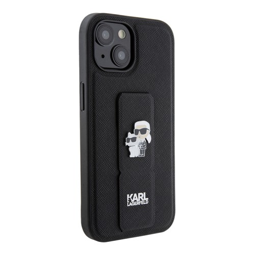 Karl Lagerfeld для iPhone 15 чехол GripStand PU Saffiano NFT Karl & Choupette metal Hard Black