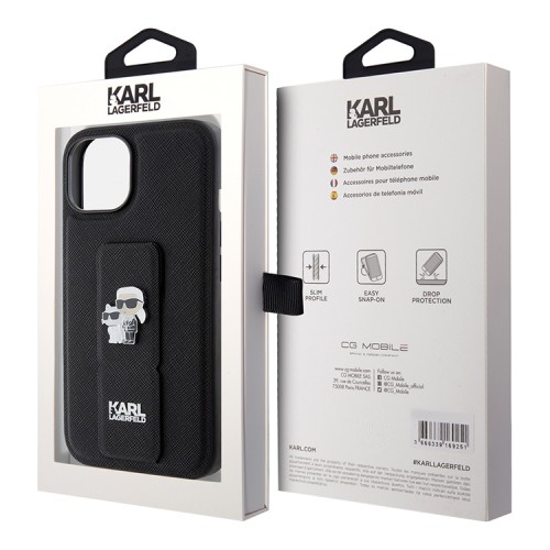 Karl Lagerfeld для iPhone 15 чехол GripStand PU Saffiano NFT Karl & Choupette metal Hard Black