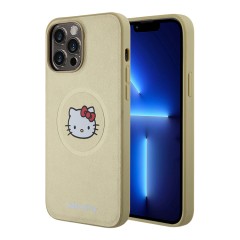 Hello Kitty для iPhone 15 Pro Max чехол PU Leather Kitty Head Hard Gold (MagSafe)