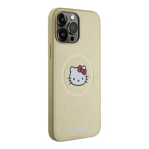 Hello Kitty для iPhone 15 Pro Max чехол PU Leather Kitty Head Hard Gold (MagSafe)