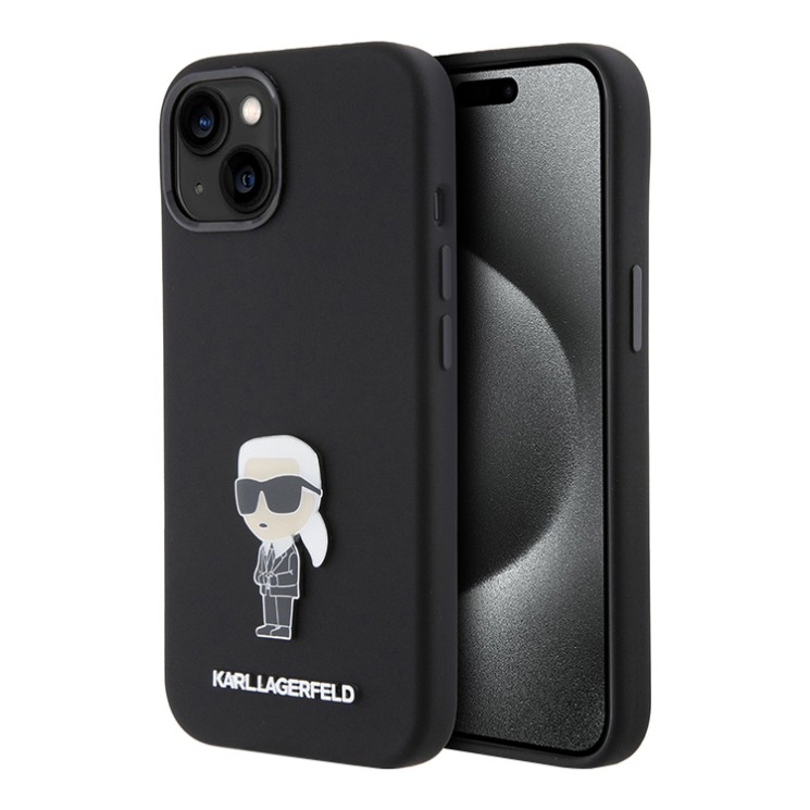 Lagerfeld для iPhone 15 чехол Liquid silicone NFT Karl Ikonik metal pin Hard Black