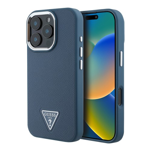 Guess для iPhone 16 Pro чехол PU Grained leather Triangle metal logo Hard Blue (MagSafe)